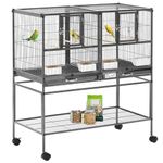 PawHut 40" H Divided Breeder Bird Cage with Rolling Stand Removable Metal Tray, Storage Shelf, Wood Perch, and Food Container, Dark Grey