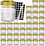 BIGIVACA 40 Pack 4 oz Mini Mason Jars with Regular Gold lids, Glass Diamond Canning Jars,Small Jelly Jars for Jam, Honey, Baby Foods,Decor. Include 1 Pen and 80 Chalk Labels.