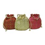 Purple Pink Vintage Checks Embroidery Potli Bag Return Gifts For Women Bulk Wedding Favors Potli Purse For Return Gifts For Mehandi, Shagun, Haldi, Baby Shower, Guest (Pack Of 50 Pcs)