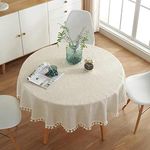 Dremisland Cotton Linen Table Cloth Solid Color Tassel Round Tablecloth Dust-Proof Shrink-Proof Table Cover for Kitchen Dinning Picnic Tabletop Decoration (Beige, Round-150cm)