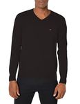 Tommy Hilfiger Men's Essential Long Sleeve Cotton V-Neck Pullover Sweater, Deep Knit Black, Medium