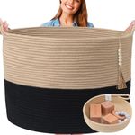 XXXXL WASHABLE Blanket Basket Living Room Boho 24" x 17" 2PCs Toy Baskets Woven Rope Basket for Blankets,Pillows,Throws,Laundry + Small Tray | Woven Storage Wicker (Black & Brown)