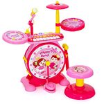 COSTWAY 3-in-1 Kids Drum Set, Electronic Drum Kit with 8 Keys Keyboard, Microphone, Drumsticks, MP3, Record, Play, LED Lights and Stool, Educational Musical Instrument (Pink)