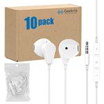 GEEKRIA 3.5mm Plug Earphones with Microphone, Quality Wired Headphones Bulk Pack, Stereo Semi In-Ear Headphones with Mic And Volume Control, Affordable Wholesale Earbuds (10 Pack, White)