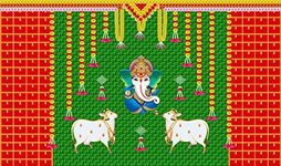 Ashvath Fashion Marigold Flower with Cows and Ganesh ji Design Backdrop Cloth for Pooja Decoration Traditional Background Curtain Cloth for Festival Size 5 Feet Height and 8 Feet Width(5 * 8)