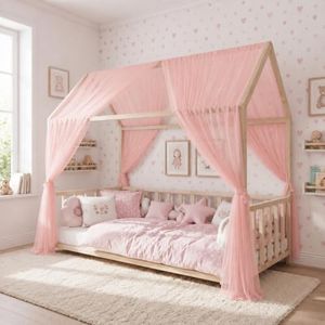 Draphelle Bed Canopy Scarf Pink 62x180 for Kids, 2 Pcs Sheer Tulle Drapes with 4 White Bow Tiebacks, Soft Nursery Netting Bedding Curtains for Girls Princess House Bed Frame, Wedding Party Arch Decor