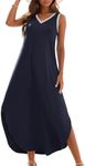 Zilcremo Women's Summer Casual Loose Sundress Long Dress Sleeveless V Neck Split Tshirt Maxi Dresses Navygrey S