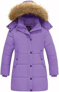 wantdo Girl's Winter Jackets Long Fleece Puffer Jackets with Hood Waterproof Purple 14-16