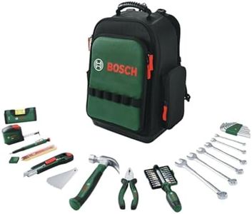 Bosch 60-Piece Tool Backpack Set (Combination Pliers, Bit Screwdriver, Tape Measure, Claw Hammers, Hex Keys, S2 Bits, Multicolour Leads, Snap-Off Knife & Blades, Wrenches, Spirit Level, Tool Backpack)