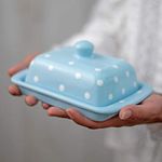 Handmade Ceramic European Covered Butter Dish With Lid | Unique Light Sky Blue and White Polka Dot Pottery Butter Keeper | Housewarming Gift by City to CottageÃ‚®