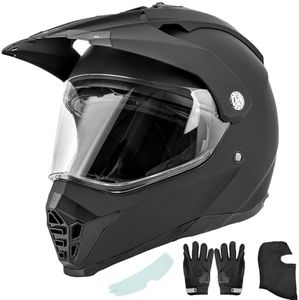 OUMURS Off Road Motorcycle Dual Sport Helmet Full Face Helmet Dual Visor Dirt Bike ATV Motocross Helmet with Mask & Gloves for Unisex-Adult-Matte Black, M