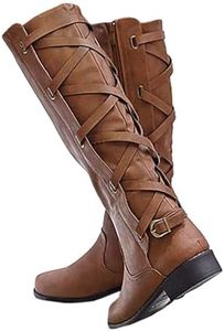 Syktkmx Womens Strappy Motorcycle Knee High Boots Winter Lace Up Riding Flat Low Heel Shoes, Brown, Size 9.5
