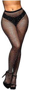 Jusback Rhinestone Fishnet Stockings Sparkle High Waist Tights Pantyhose, Black-1 Pair, One size