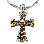 COOLSTEELANDBEYOND Mens Large Gothic Vintage Gold Skulls Cross Pendant Necklace of Steel, 30 inches Wheat Chain(CA)