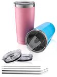 Sivaphe 20oz Tumblers Stainless Steel with 4 Lids and 2 Straws, 2 Pack Double Wall Insulated Gift Travel Mug for Coffee and Tea (Blue & Pink)