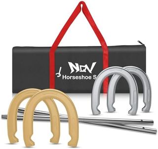 NQV Horseshoe Outdoor Game Set –Horse Shoe Game Kit,Sports Horseshoes Sets, Includes 4 Steel Horseshoes, 2 (20") Metal Stakes & Carry Bag – Perfect for Lawn, Backyard, or Tailgating (‎Silver & Gold)