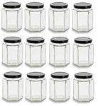 Nakpunar 12 pcs 9 oz Hexagon Glass Jars with Black Lids - 270 ml