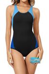 Beautikini Period Swimwear One Piece Leakproof Menstrual Swimsuit Women's Racerback Training Bathing Suit for Teens Girls, Fog Blue/Royal Blue, Medium
