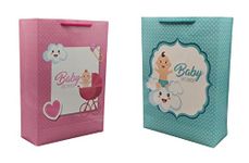 TASCHE Mixed Baby Shower Design Paper Bags with Baby Theme | Gift Bags for Weddings, Gifting, Return gifts, and Birthday Parties and presents (11 * 8 * 3 Inches) (Pink and Tarquish) (Pack of 80)