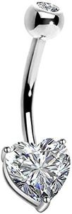 OUFER Belly Navel Rings 14K Solid White Gold Belly Button Rings heart Solitaire Cubic Zirconia Belly Button Rings Navel Rings Body Piercing Jewelry