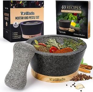 Tortillada - XXL Ensemble mortier et pilon de 16 cm en granit naturel avec base en bois anti-rayures Moulin à épices et à herbes en granit Broyeur de pilules avec 50 recettes, Noir