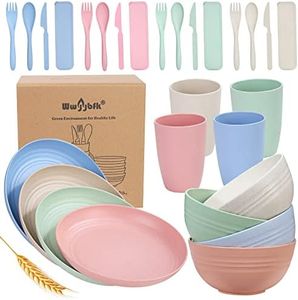 Wheat Straw Dinnerware Sets, 28PCS Plastic Plates and Bowls Sets College Dorm Room Essentials Dishes Set with Cutlery Set Microwave Safe (Colorful)