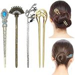 EQLEF Vintage Hair Stick Pin Set, Metal Bronze Hair Bun Chopsticks with Diamond/Flower Rhinestone Chinese Hairpin/Retro Sector Hair Accessories and U Shape Hair Sticks- 4 Pcs