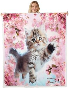 Cute Cat Fleece Throw Blanket Girly Pink Flowers Sherpa Blanket for Kids Adult Lovely Pet Cat Plush Blanket 3D Animal Theme Fuzzy Blanket for Sofa Bed Couch Kawaii Kitten Room Decor Twin 60x80 Inch