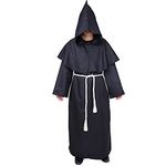 Monk Costume Medieval Friar Hooded Monk Renaissance Priest Robe Costume Halloween Fancy Dress (Black, XXL)