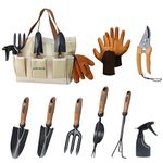 DEWINNER Garden Tool Set, 8Pcs Garden Tools for Gardening, Heavy Duty Gardening Tools with Pruner, Trowel, Hand Weeder, Rakes, Weeding Fork, Watering Pot, Gloves and Tote Bag