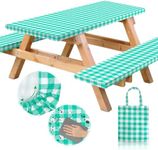 RNOONY Vinyl Fitted Picnic Table Cover with Bench Covers and Bag, Outdoor Waterproof Picnic Tablecloth with Elastic Edges, 72x30 Inches 3 Pcs Set (Green)