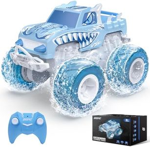 DEERC Amphibious Remote Control Car Boat with 2 Batteries, 4WD RC Monster Truck Toys for Ages 6-12 Boys, 2.4GHz Rechargeable All Terrain Off-Road Stunt Car Outdoor Water Beach Pool Toy (ICE Dragon)