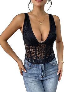 Venbond Womens Lace Corset Top Plunge V Neck Bustier Sheer Sexy Going Out Top Boned Party Cami Top