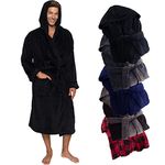 Mens Robe Hooded Wrap Style - Mid Length Plush Fleece Bathrobe by Ross Michaels, Black, Small-Medium