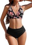 AI'MAGE Women High Waisted Bikini Sets Tummy Control Swimsuits Two Piece Swim Suits 2025 V-Neck Halter Ruched Bathing Suits, Black Floral, XXL