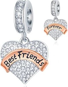 Best Friends Forever Heart Pendant Charms in 925 Sterling Silver, fits Pandora Friendship Bracelet, Sparkling CZ BFF Dangle Beads with Rose Gold Ribbon