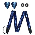 Jasenna Guitar Strap,Guitar Strap with Leather End Length Adjustable 2 Pick Holders & 2 Matching Picks For Electric Guitar, Acoustic Guitar and Bass - Unique Gift For Guitarist (1-Blue Lightning）