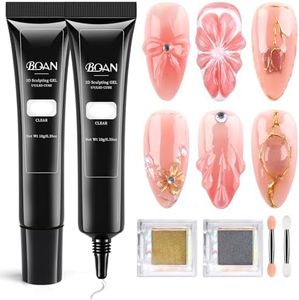 BQAN 3in1 3D Nail Sculpting Gel Kit, 2x10g Sculpting Design No-Wipe Clear 3D Gel whit Chrome Powder for Molding/Rhinestones/DIY Nail Art, Perfect for Salon & Home Use