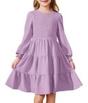 Arshiner Girls Dress Boho Fall Semi Formal Solid Party Dress Girl Long Sleeve Shirred Smocked Ruffle Tiered A-Line Dresses with Pockets Lavender 7-8 Years