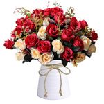 Fake Flowers with Vase Decor Artificial Rose Flowers Bouquet with Ceramics Vase Silk Flower Arrangements Table Centerpieces for Home Decoration Office Wedding Party Garden (Red)