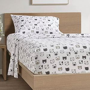 Comfort Spaces Cotton Flannel Breathable Warm Deep Pocket Sheets with Pillow Case Bedding, Twin, Grey/Pink Cats 4 Piece