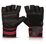 XTRIM X Macho One Size Fits All Unisex Leather Gym Gloves, for Professional Weightlifting, Fitness Training and Workout, with Half-Finger Length, Wrist Wrap for Protection and Tactical Thumb (Black)