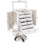 TORIBIO 2 in 1 Huge Jewelry Box 6-Tier Leather Jewelry Organizer Case with Small Travel Case for Women Girls Ring Necklace Earring Bracelet Holder with Mirror White