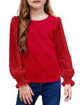 Arshiner Girls Long Sleeve Shirt with Smocked Ruffle Cuffs Polka Swiss Dots Kids Pullover Shirts Cute Round Neck Girls Top Blouse Red 160