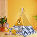 Play Tents Teepee Tents with Padded Mat and Cushions Kit with 2 Star Shape Cushions Free, Natural Cotton Canvas Tent Indoor & Outdoor, Age 10 to 12 Years for Kids (Color-Yellow) (90 X 90 X 110 Cm)