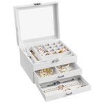 SONGMICS Jewelry Box, 3-Tier Jewelry Display Case and Organizer with Clear Glass Lid, Varying Compartments for Necklaces, Bracelets, Rings, Lock and Key, White UJBC158W01