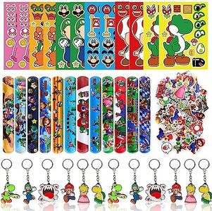 Juego de 86 obsequios para fiesta de Ma-rio,12 pulseras infantiles Ma-rio + 12 llaveros + 12 pegatinas de Super Bros + 50 pegatinas para niños,para cumpleaños infantiles
