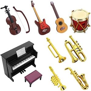 cobee Juego de instrumentos musicales en miniatura para casa de muñecas, 11 piezas, modelo musical 1:12, accesorios de casa de muñecas para casa de muñecas, sala musical, jardín de hadas