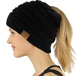 C.C Exclusives Soft Stretch Cable Knit Messy Bun Ponytail Beanie Winter Hat for Women (MB-20A), Solid Black, One Size