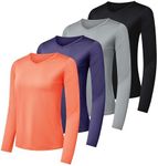 4-Pack: Womens Dry-Fit Long Sleeve V-Neck Shirt Tops T-Shirt Fashion Workout Gym Tees Athletic Active Adult Ladies Tshirt Clothing Fall Casual Outfit V Running Activewear Exercise UPF - Set 5, S